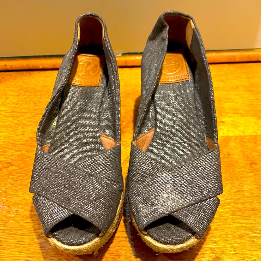 Black/Silver Tory Burch wedges, size 7